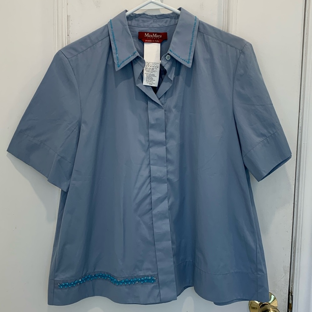 MaxMara Short Sleeve Button-Down Shirt in Dusty Blue with Teal Trim